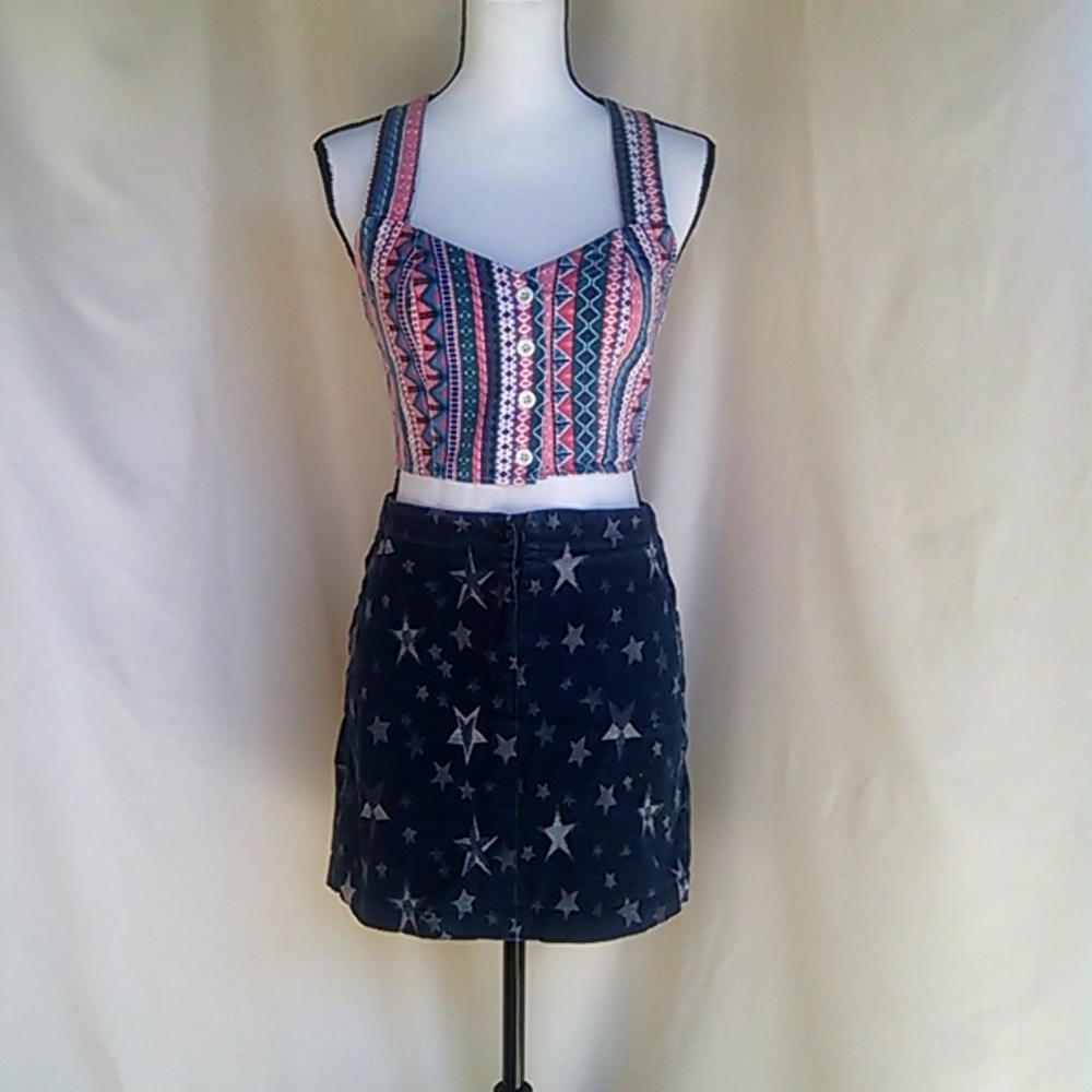 Vintage 1990s Silver Star Print Blue Denim Mini Skirt